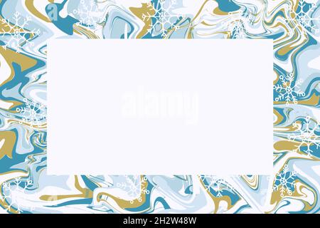 Marble winter background frame with space for text. Decorative border design. Marble texture. Blue,gold,white. Graphic colored background. Stock Vector