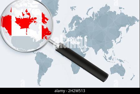 World map with a magnifying glass pointing at Canada. Map of Canada with the flag in the loop. Vector illustration. Stock Vector