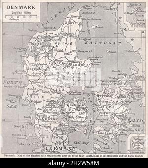 Vintage map of Denmark and the kingdom as it was restored after the Great War with inset maps of the Bornholm and the Faroe Islands. Stock Photo