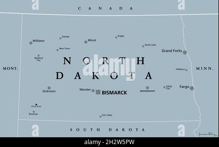 North Dakota, ND, gray political map, with capital Bismarck. State in the upper Midwest subregion of United States of America, Peace Garden State. Stock Photo