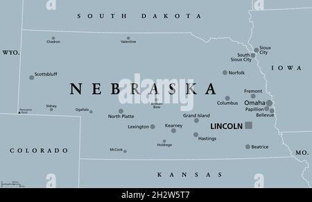 Nebraska, NE, gray political map with the capital Lincoln and largest city Omaha. Triply landlocked State in the Midwestern subregion of United States. Stock Photo