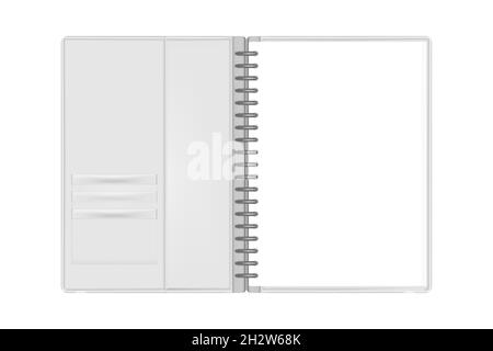 Open ring binder folder filled with hole punched A4 paper. Hard cover with interior pocket and business card slots. Realistic vector mock-up Stock Vector