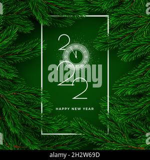 Happy New Year Greeting Card. Lettering 2022 with countdown to midnight. Christmas tree branches on dark background with white frame and falling snowf Stock Vector