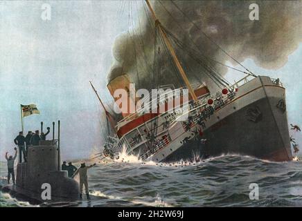 A vintage painting dated 1915 portraying British ocean liner RMS Falaba sinking after being torpedoed in St George's Channel on March 28th 1915 by German submarine U-28 with the loss of 104 lives.  It became known as the Thrasher incident after an American passenger, Leon Chester Thrasher, a 31-year-old mining engineer from Massachusetts died leading to a public outcry demanding the United States declare war on Germany Stock Photo