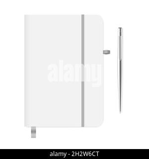 Closed notebook with ribbon bookmark, elastic closure strap and pen holder. Metal ball point pen. Isolated on white background. Vector mock-up Stock Vector