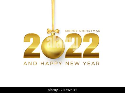 New Year Poster with Greeting Text. Golden Christmas Ball instead of zero in 2022. Holiday Decoration Element for Banner or Invitation. Vector illustr Stock Vector