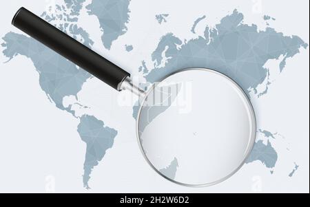 World map with a magnifying glass pointing at Seychelles. Map of Seychelles with the flag in the loop. Vector illustration. Stock Vector