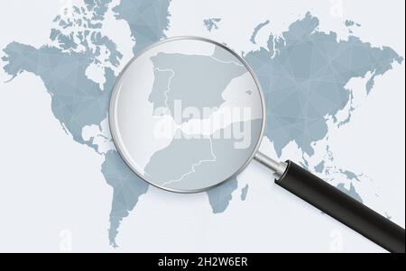 World map with a magnifying glass pointing at Gibraltar. Map of Gibraltar with the flag in the loop. Vector illustration. Stock Vector