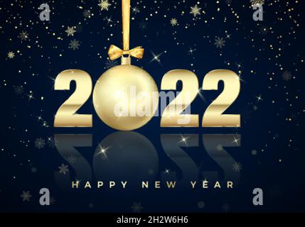 New Year Poster with Greeting Text on blue background. Golden Christmas Ball instead of zero in 2022. Holiday Decoration Element for Banner or Invitat Stock Vector