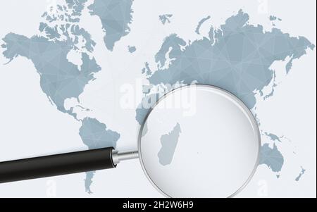 World map with a magnifying glass pointing at Mauritius. Map of Mauritius with the flag in the loop. Vector illustration. Stock Vector