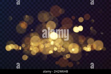 Effect of bokeh circles on transparent background. Christmas glowing warm golden glitter element for your design. Vector illustration Stock Vector
