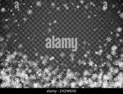 Snowfall. Christmas snow. Falling snowflakes on dark transparent background. Xmas holiday background. Design decoration element. Vector illustration Stock Vector