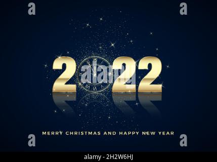 Golden Clock Dial with Numbers 2022 on Magic Christmas Background. New Year Countdown and Chimes. Five Minutes before Twelve Template for your Design Stock Vector