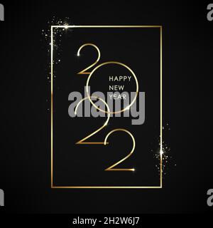 Happy new 2022 year postcard. Gold text with frame for banner or poster design. Minimalistic text template. Vector illustration