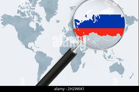 World map with a magnifying glass pointing at Russia. Map of Russia with the flag in the loop. Vector illustration. Stock Vector