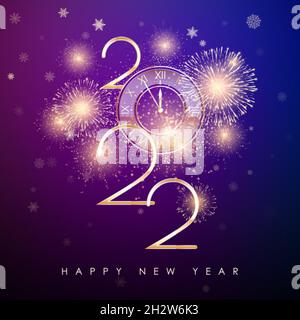 Happy New Year 2022. New Years banner with golden numbers and firework. Greeting card text design. Vector illustration Stock Vector