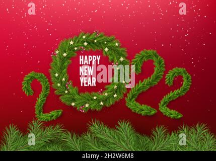 Numbers 2022 of christmas tree branches isolated on red. Christmas Tree Wreath Decorated with Christmas balls and Candy Canes instead zero. Happy New Stock Vector