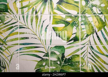 Tropikal tile ornament. Palm leaves background, top view Stock Photo