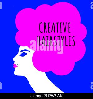 Portrait of girl with creative lush hairstyle. Banner for hairdressing salon, beauty salon. Stylish poster, frame with female profile. Vector illustra Stock Vector