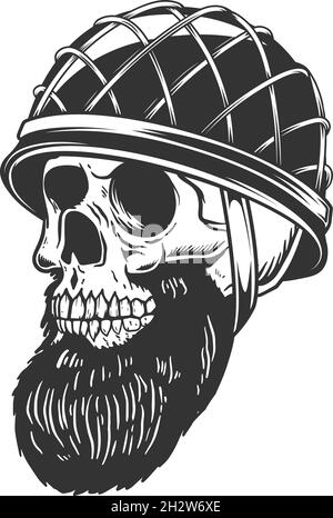 Illustration of bearded soldier skull in army helmet. Design element for logo, label, sign, emblem. Vector illustration, Illustration of bearded soldi Stock Vector