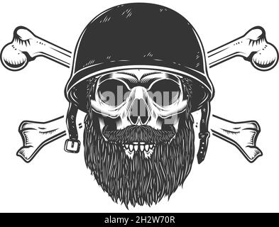 Illustration of bearded soldier skull with crossed bones in army helmet. Design element for logo, label, sign, emblem. Vector illustration Stock Vector