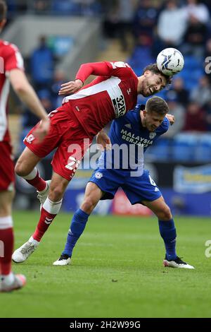 Cardiff, UK. 23rd Oct, 2021. Matt Crooks of Middlesbrough (l) and Will Vaulks of Cardiff city in action. EFL Skybet championship match, Cardiff city v Middlesbrough at the Cardiff City Stadium in Cardiff, Wales on Saturday 23rd October 2021. this image may only be used for Editorial purposes. Editorial use only, license required for commercial use. No use in betting, games or a single club/league/player publications. pic by Andrew Orchard/Andrew Orchard sports photography/Alamy Live news Credit: Andrew Orchard sports photography/Alamy Live News Stock Photo