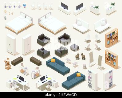Vector isometric home furniture set. Domestic and office furniture and equipment. Sofas, chairs, tables, lamps, cabinets, beds and stools Stock Vector
