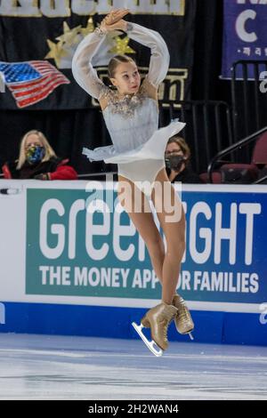 Las Vegas, USA. 23rd Oct, 2021. Kseniia Sinitsyna of Russia finishes her women's short program in third place at the 2021 ISU Guaranteed Rate Skate America in Orleans Arena, Las Vegas, Nevada on October 23, 2021 (Photo by Jeff Wong/Sipa USA). Credit: Sipa USA/Alamy Live News Stock Photo