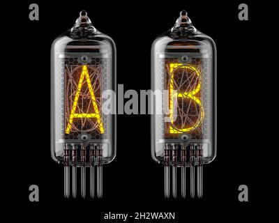 Nixie tube indicator. Letters a and b on black background. 3d illustration Stock Photo