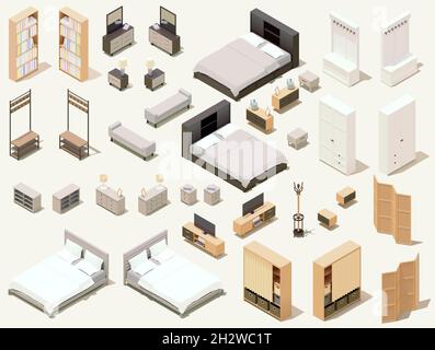 Vector isometric home furniture set. Domestic furniture and equipment. Chairs, lamps, cabinets, beds stools and other furniture Stock Vector