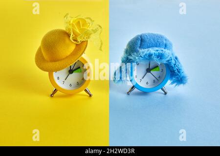 Clock switch to summer time and to winter time. Set of alarm clocks Stock Photo