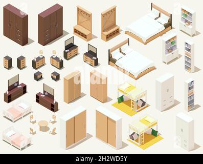 Vector isometric home furniture set. Domestic furniture and equipment. Chairs, lamps, cabinets, beds stools and other furniture Stock Vector