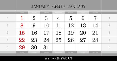 January 2023 quarterly calendar block. Wall calendar in English, week starts from Sunday. Vector Illustration. Stock Vector