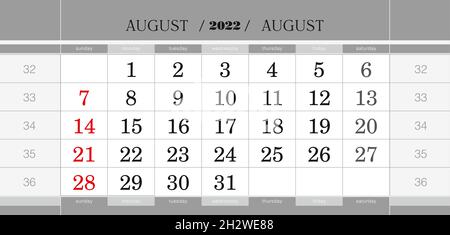 Premium Vector  Letter calendar for august 2022 the week begins on sunday  time planning and schedule concept flat design removable calendar for the  month vector illustration