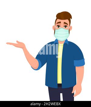 Young hipster man covering face with medical mask and presenting hand to copy space. Person wearing hygienic facial protection and introducing. Stock Vector