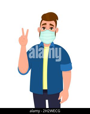 Trendy young man covering face with medical mask and showing victory, peace sign. Hipster person wearing hygienic facial protection and gesturing Stock Vector