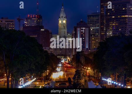 Brightly-lit Benjamin Franklin Parkway after dark, viewed from the plaza in front of the Philadelphia Museum of Art, atop the 'Rocky Steps.' (from the Stock Photo