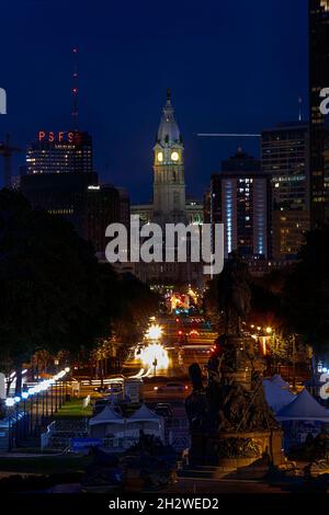 Brightly-lit Benjamin Franklin Parkway after dark, viewed from the plaza in front of the Philadelphia Museum of Art, atop the 'Rocky Steps.' (from the Stock Photo