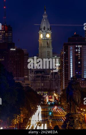 Brightly-lit Benjamin Franklin Parkway after dark, viewed from the plaza in front of the Philadelphia Museum of Art, atop the 'Rocky Steps.' (from the Stock Photo