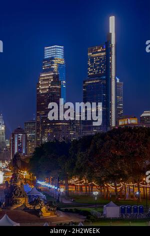 Brightly-lit Benjamin Franklin Parkway after dark, viewed from the plaza in front of the Philadelphia Museum of Art, atop the 'Rocky Steps.' (from the Stock Photo