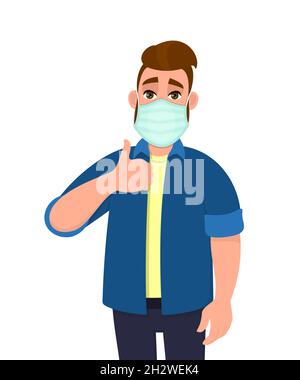 Hipster young man covering face with medical mask and showing thumbs up symbol. Person wearing hygienic facial protection and gesturing success sign. Stock Vector