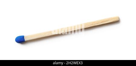 One bright blue wooden match isolated on a white background. Single whole matchstick with blue head macro. Wooden matches without box. Design element. Stock Photo