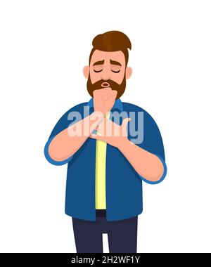 Young hipster man coughing and holding hand on chest. Trendy person suffering with cold and throat pain. Unhealthy male character feeling bad for sick Stock Vector