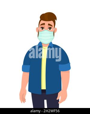 Young hipster man covering mouth with medical mask. Trendy person wearing hygienic face protection against infection or pollution. Stock Vector
