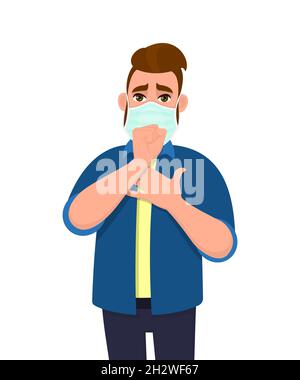 Hipster young man covering face with medical mask and coughing wile holding hand on chest. Trendy person suffering with virus infection. Stock Vector