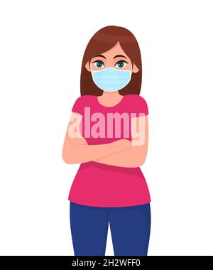 Young girl wearing medical face mask with crossed arms. Trendy woman covering protective surgical mask and keeping hands folded. Female character Stock Vector