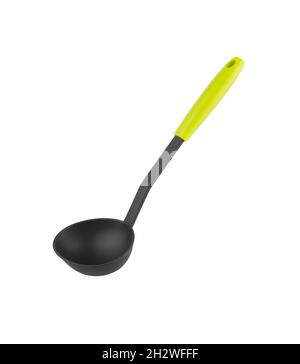 Black ladle dipper with green handle isolated on white background Stock Photo