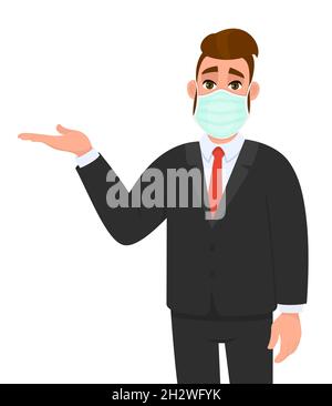 Young business man wearing medical mask and presenting hand to copy space. Trendy hipster person covering face protection and introducing something. Stock Vector