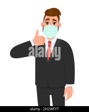 Young business man wearing medical mask and showing thumbs up sign. Trendy hipster person covering face protection and gesturing hand symbol. Stock Vector