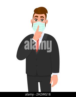 Young business man wearing medical mask and asking silence. Trendy hipster person gesturing finger on lips. Male character covering face protection Stock Vector